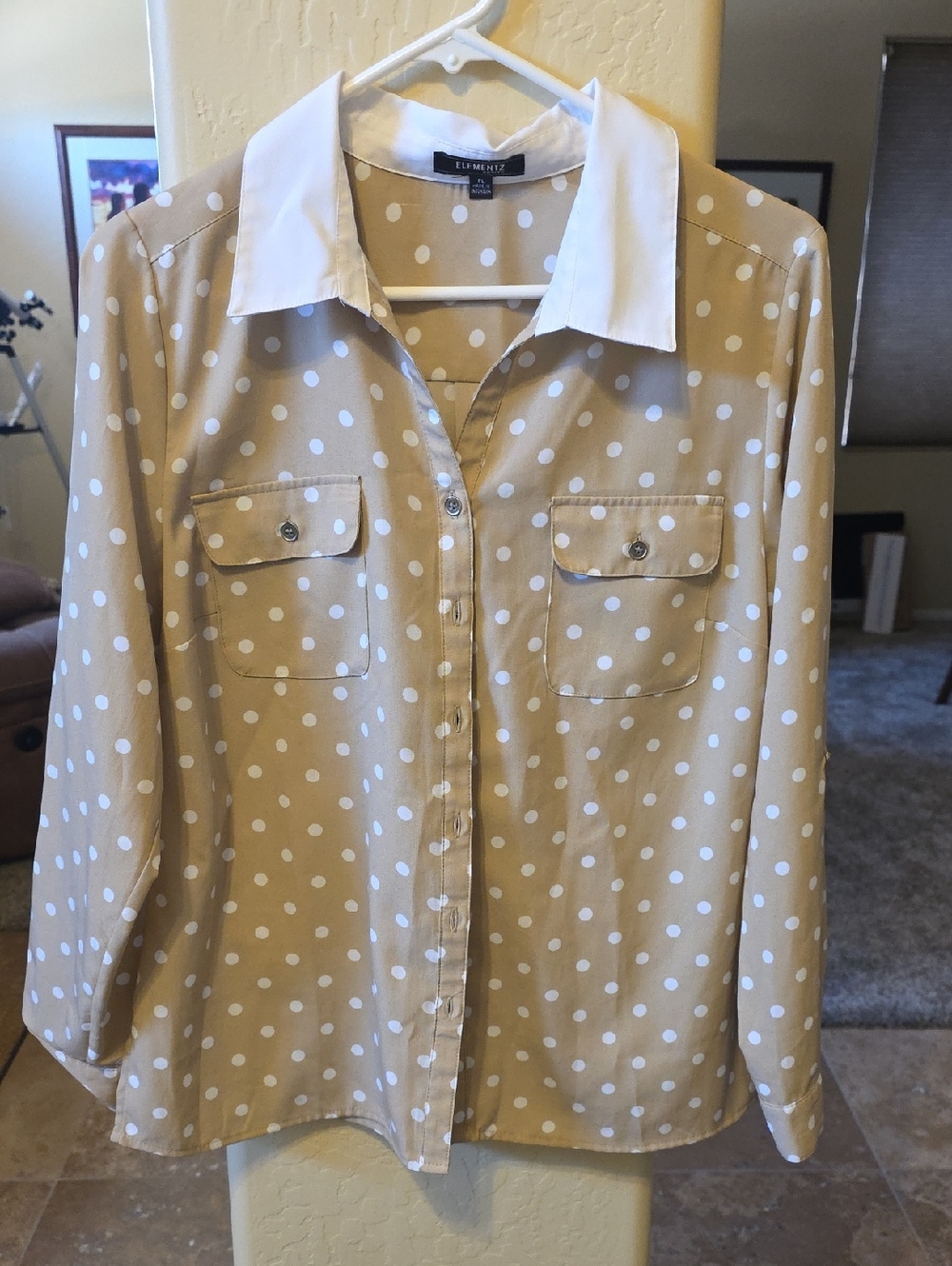 Elementz Tan Polka Dot Button-Up Blouse with White Collar
